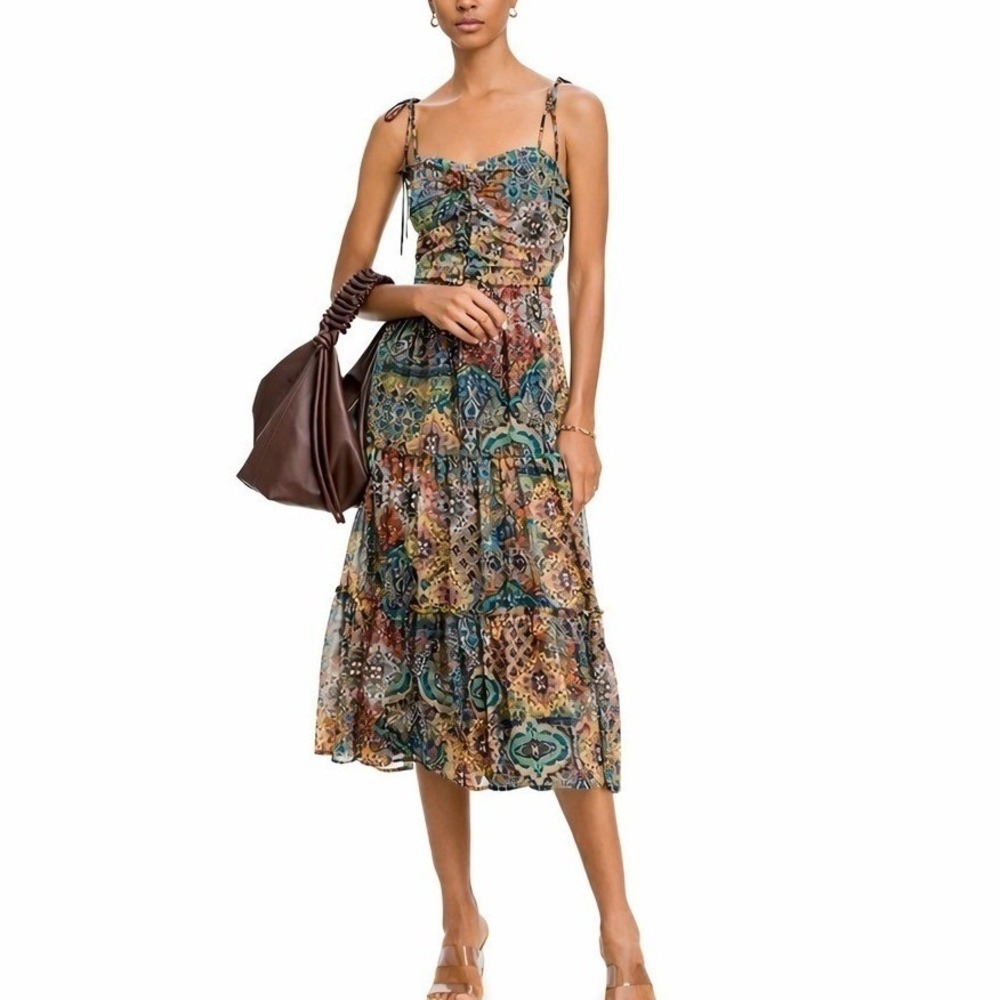 AQUA‎ Paisley Boho Midi Dress Shirred Straps Multicolor Flowy Size L